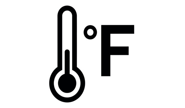 A black and white icon of a fahrenheit temperature symbol with a thermometer