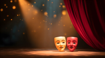 Dramatic theater stage with comedy and tragedy masks under spotlight, World Theatre Day concept