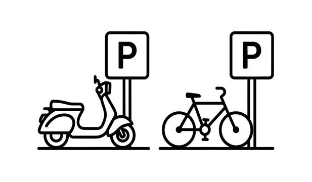Vector illustration of a scooter and bicycle parked under parking signs on a with black outlines