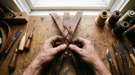Top Down View of Artisan Hands Braiding Rugged Leather Strips for Traditional Leatherworking Craft