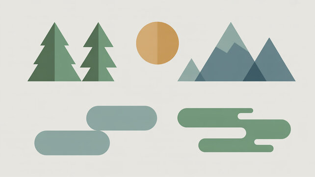 Minimalist landscape illustration with trees mountains sun and abstract water elements flat design vector art for nature concepts