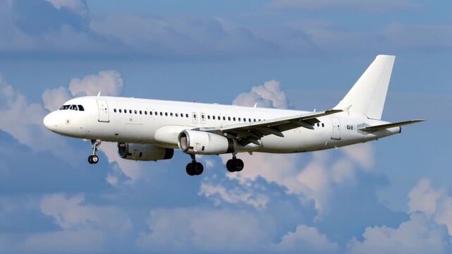 Side View of White Unmarked Commercial Airplane Landing Against Blue Cloudy Sky Corporate Jet Aircraft for Mockup Design Travel and Aviation Industry Concept Isolated Passenger Plane In Flight