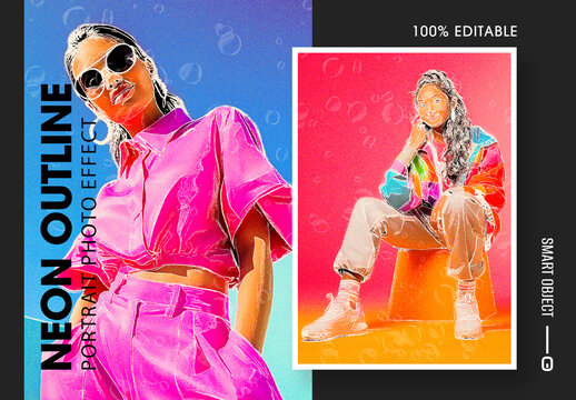 Neon Outline Portrait Photo Effect With Bubble Overlay