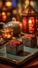 Naklejka premium Oriental mooncake on ornate plate with warm lantern glow and tea set, festive cozy evening ambiance
