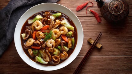 Li Hongzhang Chop Suey (李鸿章杂烩), luxurious Chinese mixed seafood and chicken stew, made with shrimp, scallops, squid, sliced chicken, napa cabbage, carrots, bamboo shoots, and mushrooms