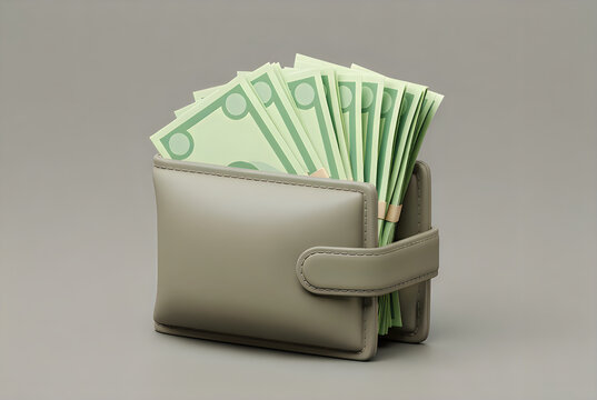 A wallet full of money on a gray background