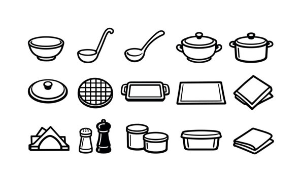 Home kitchen soup serving tools: soup bowl, ladle, serving spoon, tureen, soup pot, pot lid, trivet, serving tray, table mat, napkin, napkin holder