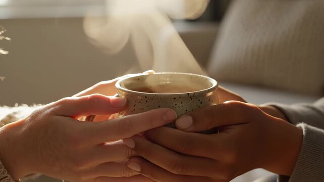 Hands Holding Hot Coffee Cup.