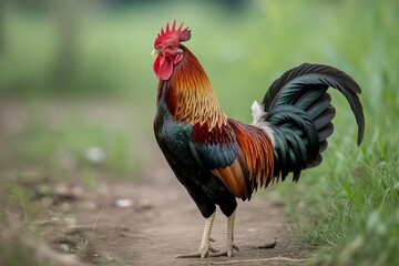 Elegant Kampung Rooster Standing Proudly on Rural Path with Natural Green Background