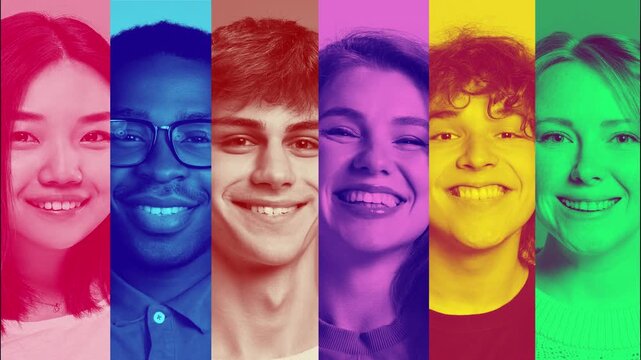 Promo animation. Smiling diverse people in colorful vertical stripe composition. Concept of inclusive corporate branding, HR recruitment campaign and global community presentation design.