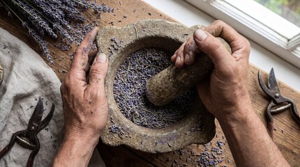 Bird's Eye View of Hands Crushing Dried Lavender Buds in a Stone Mortar and Pestle for Aromatherapy