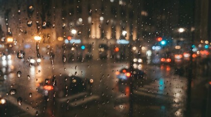夜の交差点を背景にした水滴付きすりガラス｜雨の都会の抽象背景