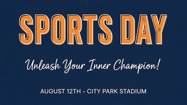 Sports day event banner with golden text on dark blue background unleash champion motivation poster design for competition and team spirit