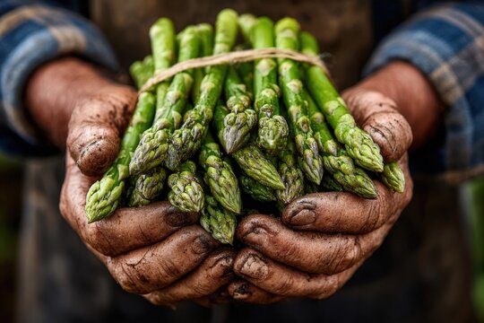 Freshly harvested green asparagus held in dirty hands of a farmer wearing a plaid shirt, showcasing the connection between agriculture and food production