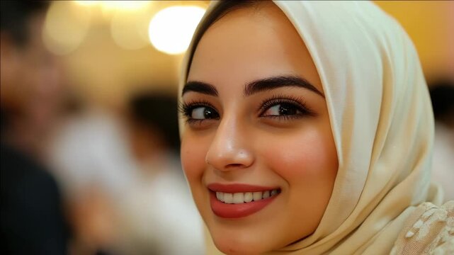 Woman with full smile looking directly at camera, attending celebration or party, dressed modestly in cultural attire.