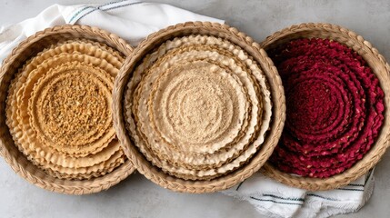 Pita bread is placed with dates on a grey background for a Ramadan food idea with a space for writing