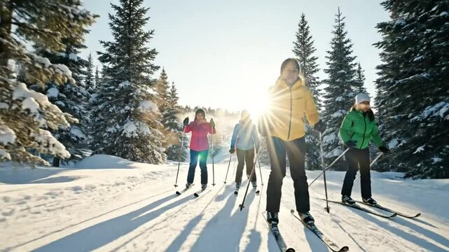 Group of friends cross-country skiing together on a sunny winter day with forest background