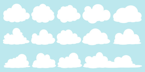 Fototapeta premium set of vector illustrations of clumpy clouds, cloud bubbles in flat style on a blue background