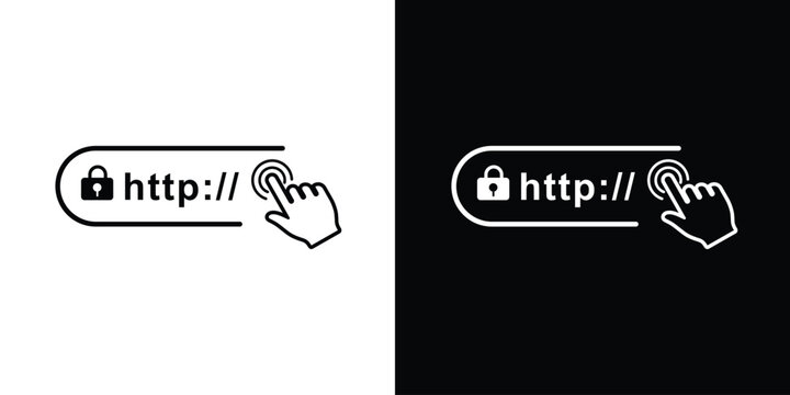 Minimalist web URL address bar icon with "http://" and a hand clicking the cursor. Linear vector set in black and white backgrounds for website UX/UI design and digital access.