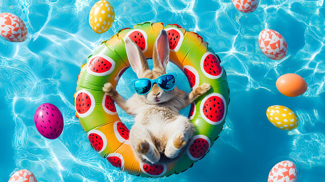 A bunny wearing glasses floats in an inflatable beach ring around Easter eggs in a pool