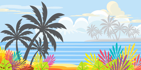 Fototapeta premium silhouette of coconut tree in flat style. illustration of palm tree in flat style. summer background. summer theme scenery 