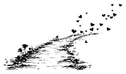 Obraz premium Winding country path with floating love hearts rising to the sky sketch