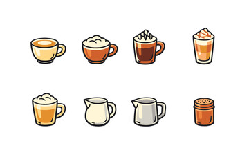Fototapeta premium Colorful coffee cup icons with cream and milk jugs on gradient background