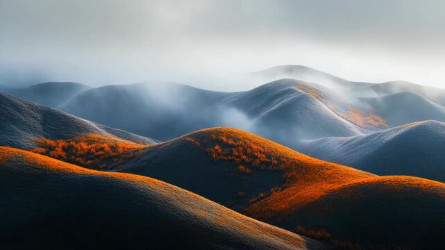 Autumn fog gently settles over a mountain ridge at sunrise, highlighting the vibrant red and orange trees of the forest.
