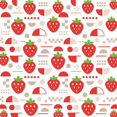 苺と幾何学モチーフのシームレスパターン（ホワイト）：赤い苺とベージュの幾何学モチーフをリズムよく配置した、清潔感のあるホワイト背景のシームレスパターン。北欧風フラットデザインで、デザインペーパー、ポストカード、マスキングテープ、マスキングシールブックタイプ、フレークシール、ノートの表紙など100均文具や商用パッケージにも使いやすい汎用背景素材です。
