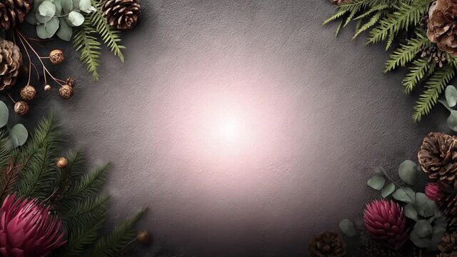 Christmas decoration with pine cones and greenery on dark background