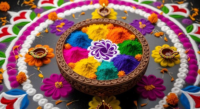 Colorful Rangoli With Oil Lamps
