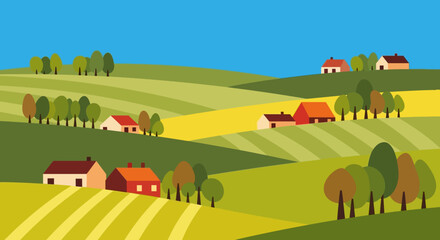 Rural landscape with houses and fields in autumn.