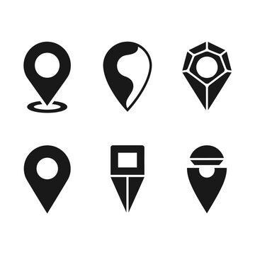 Vector set of six distinct black location pin icons with varying geometric and abstract shapes, isolated on a transparent background for UI design.