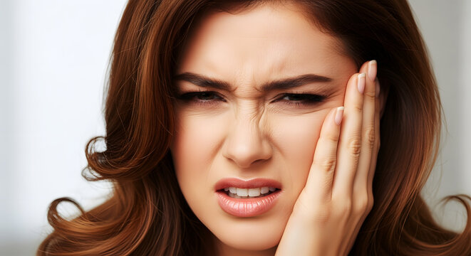 Woman grimacing with hand on face experiencing pain or discomfort grimace