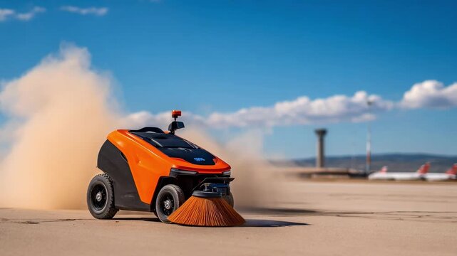 Closeup medium view of a vacuumpowered tarmac sweeper in action suctioning small stones and dirt from a runway surface on a sunny day.