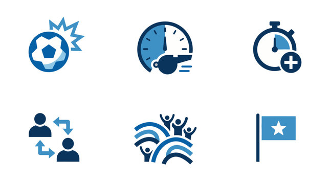 Soccer football icon set with game elements including ball, timer, goal, team, referee, and flag symbols, Perfect for football designs.