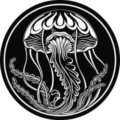Vector jellyfish illustration in black and white circular frame © islam