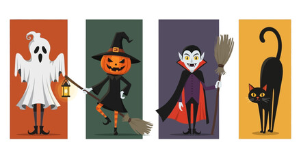 Halloween characters illustration set with ghost, witch, vampire, and black cat.