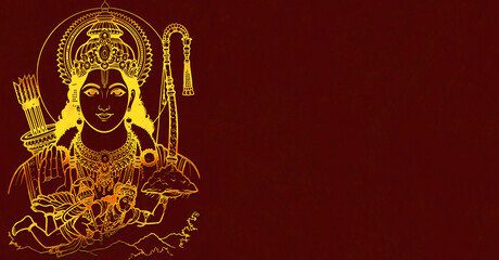 Lord Rama Portrait with Flying Hanuman Carrying Sanjeevani Mountain Golden Art Illustration