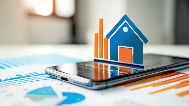 Blue house icon with orange bar chart on smartphone screen over financial paper. Concept of real estate market analysis and digital investment data