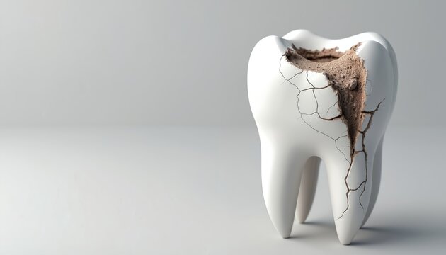 Decayed tooth with large cavity and cracks. Illustration shows damaged molar symbolizing oral health problems and need for dental treatment.