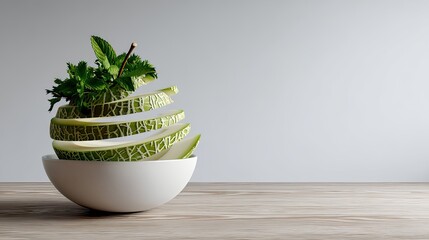 Sliced green melon carved into apple shape is stacked in a bowl filled with ice and garnished with mint leaves on wood surface