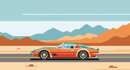Vintage orange sports car speeding on desert highway with mountains. © Abhinaya Project