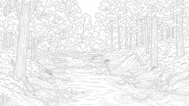Line art drawing of a forest stream with rocks and trees