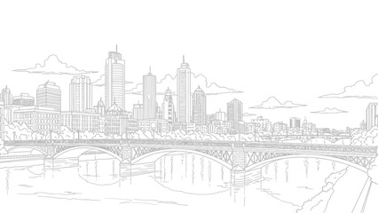 Fototapeta premium Sketchy city skyline with bridges and river on a cloudy day.