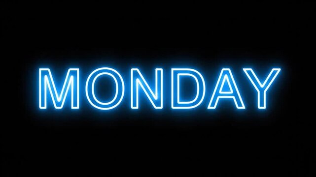 Blue neon "MONDAY" text glows against a black background. Graphic, digital design