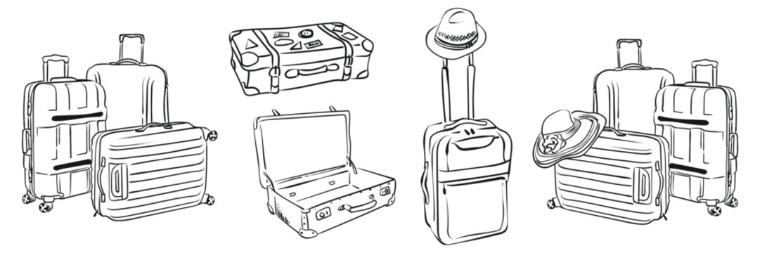 Hand drawn line art set of travel luggage. Open and closed suitcases with hats and without. Vector illustration drawn ink in a whimsical sketch style.