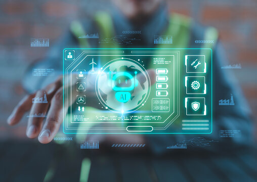 Industrial engineer worker using virtual AI-powered technology interface with global smart factory automation and predictive maintenance icons, Predictive maintenance, Global supply chain