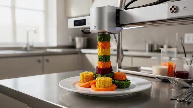 Medium shot of a prototype 3D printer forming intricate customized food shapes using vibrant purees on a sleek test bench in a modern kitchen setting.