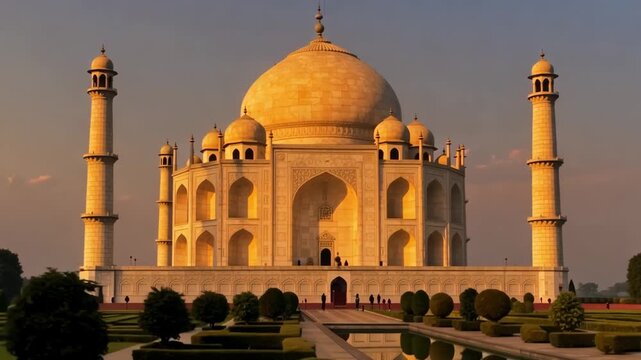 Taj mahal at golden hour in agra india majestic mughal architecture and landscaped gardens reflecting in water a travel destination